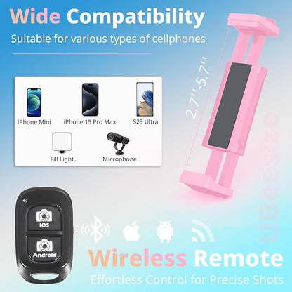 UBeesize 88’’ Flexible Phone Tripod with 14.95’’ Gooseneck, Remote and Phone Holder, Overhead Cell Phone Stand＆Selfie Stick for Video Recording, Compatible with iPhone Android Phone, Camera Pink
