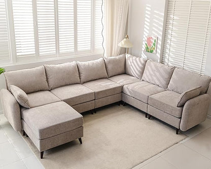 Modular Sectional Sofa with Seats Storage, Oversized L Shaped Couch,6-Seaters Comfy Couches for Living Room,Cloud Couches with Deep Seat,Movable Ottoman,Chenille,Khaki