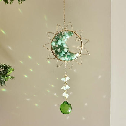 Hanging Sunlight Catcher, Sun & Moon Crystal Suncatcher, Crystal Hanging Ornament, Hanging Crystals for Decoration, Festival Gift, Window Decoration (Green)
