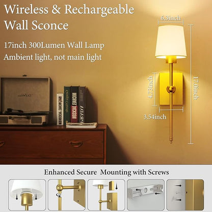 Battery Operated Wall Sconces Set of 2: Gold Rechargeable Wall Lights with Touch and Remote Control, Wireless Battery Powered Wall Scone Cordless Wall Lamp for Bedroom Living Room Bathroom Hallway