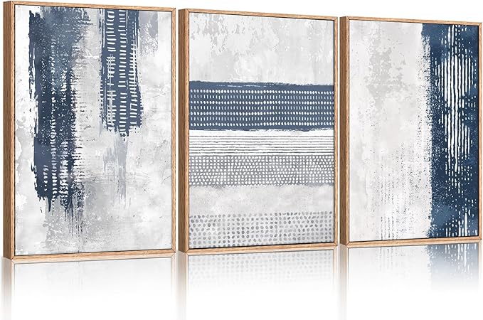 HLNIUC Navy Blue Abstract Framed Wall Art Set, Neutral Minimalist Canvas Wall Decor, Mid Century Modern Wall Painting, Grey Geometric Art Print for Living Room, Bedroom, Office - 16"x24"x3