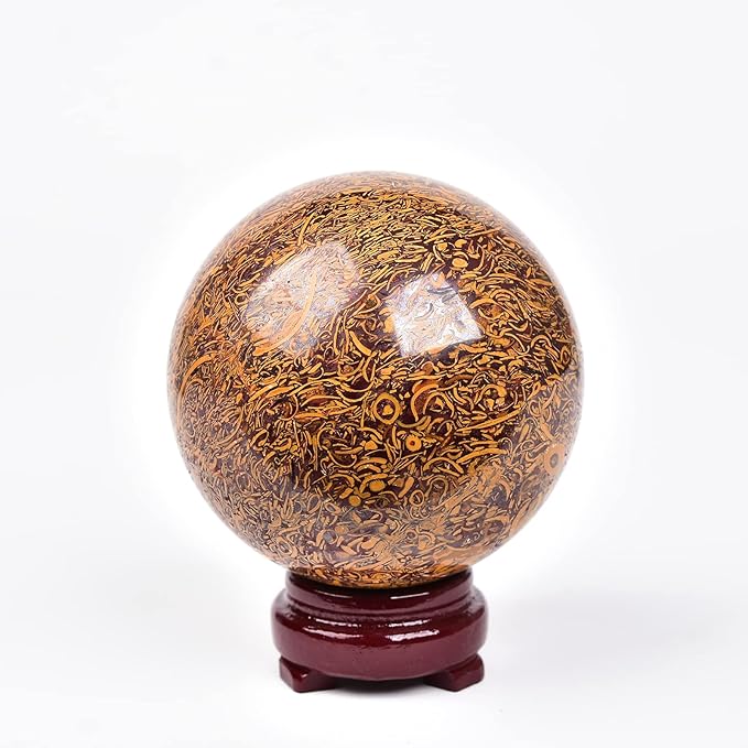 JIC Gem Real Natural Crystal Sphere Ball with Wooden Stand for Fengshui Golden Jade Healing Crystal Ball Decoation Meditation Energy Reiki Ball (90-100mm)
