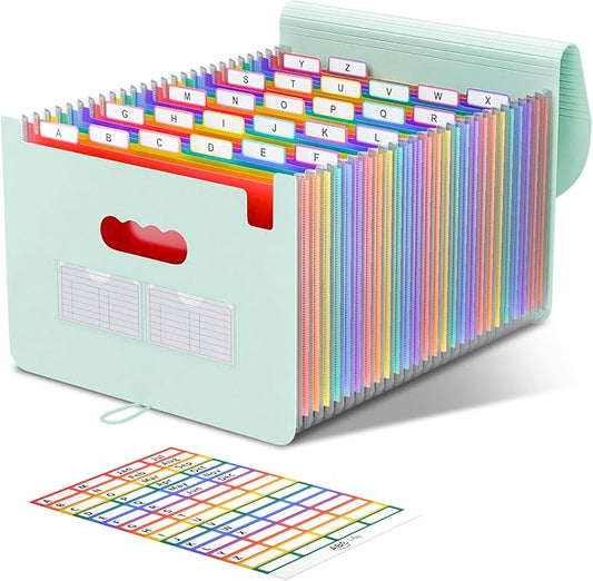 ABC life 26 Pockets Accordion File Organizer, Expanding File Folder, Portable Monthly Paper Bill Tax Receipt Organizer, Letter A4 Size Document Organizer with Blank Labels - Sage Green