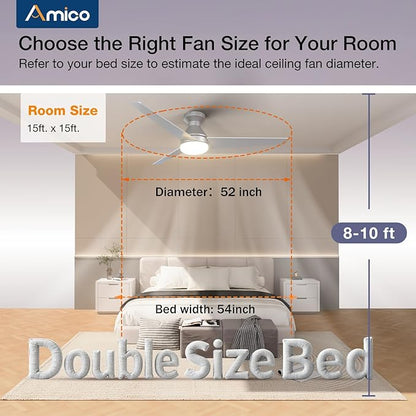 Amico Ceiling Fans with Lights, 52 inch Low Profile Ceiling Fan with Light and Remote Control, Flush Mount, Reversible, 3CCT, Dimmable, Noiseless, Silver Ceiling Fan for Bedroom, Indoor/Outdoor Use