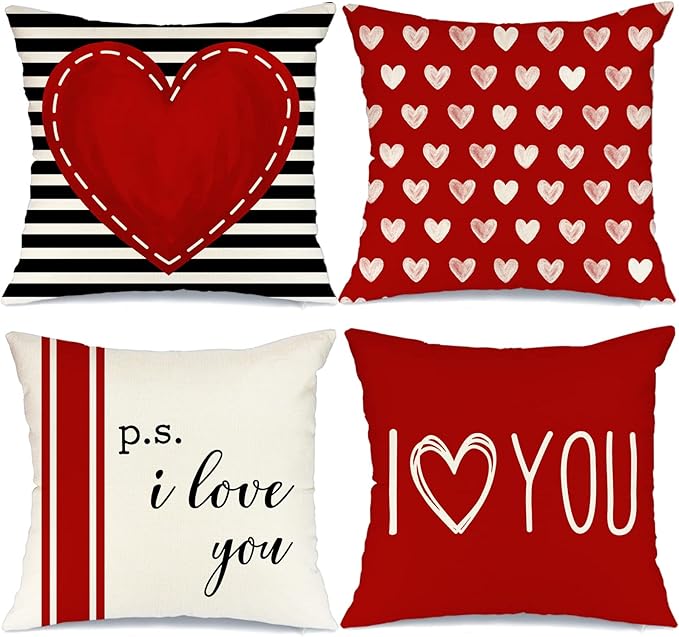 GEEORY Valentine's Day Pillow Covers 18 x 18 Inch Set of 4 - Red Black Stripes Love Heart I Love You Throw Pillows Decorative Cushion Cases for Valentine Decor