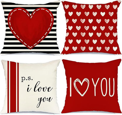 GEEORY Valentine's Day Pillow Covers 18 x 18 Inch Set of 4 - Red Black Stripes Love Heart I Love You Throw Pillows Decorative Cushion Cases for Valentine Decor