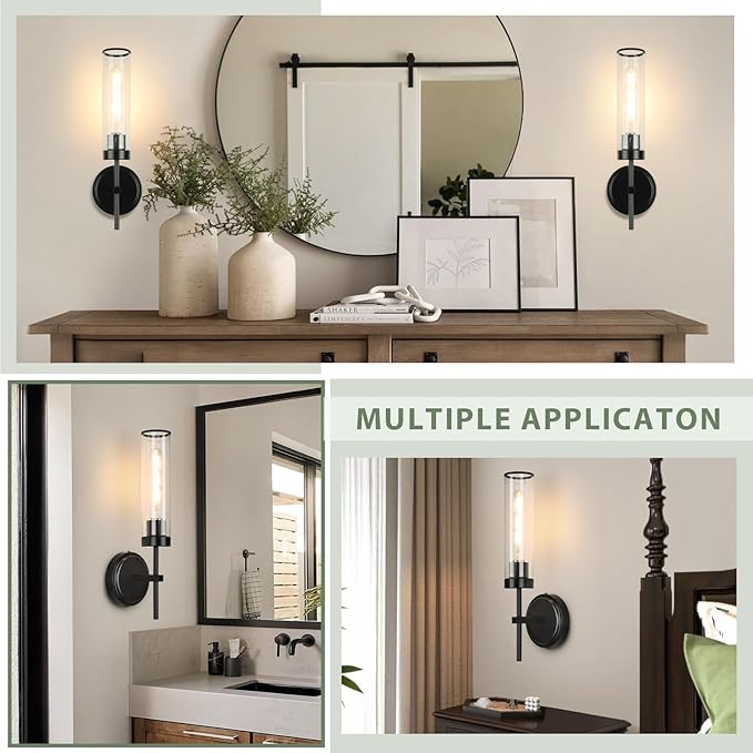 Wall Sconces Set of Two,Black Modern Wall Lighting 16" Bathroom Sconces Wall Lighting 60W with Clear Glass Shade for Living Room Corridor Mirror Bedroom Stairs