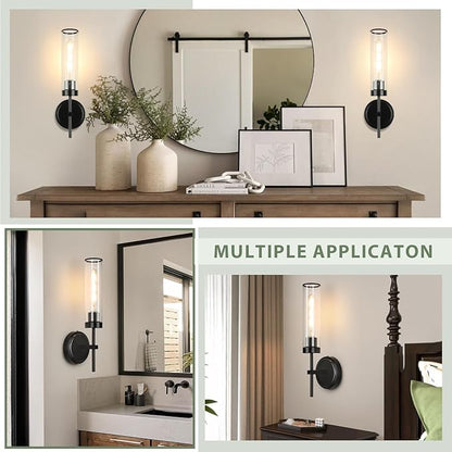 Wall Sconces Set of Two,Black Modern Wall Lighting 16" Bathroom Sconces Wall Lighting 60W with Clear Glass Shade for Living Room Corridor Mirror Bedroom Stairs