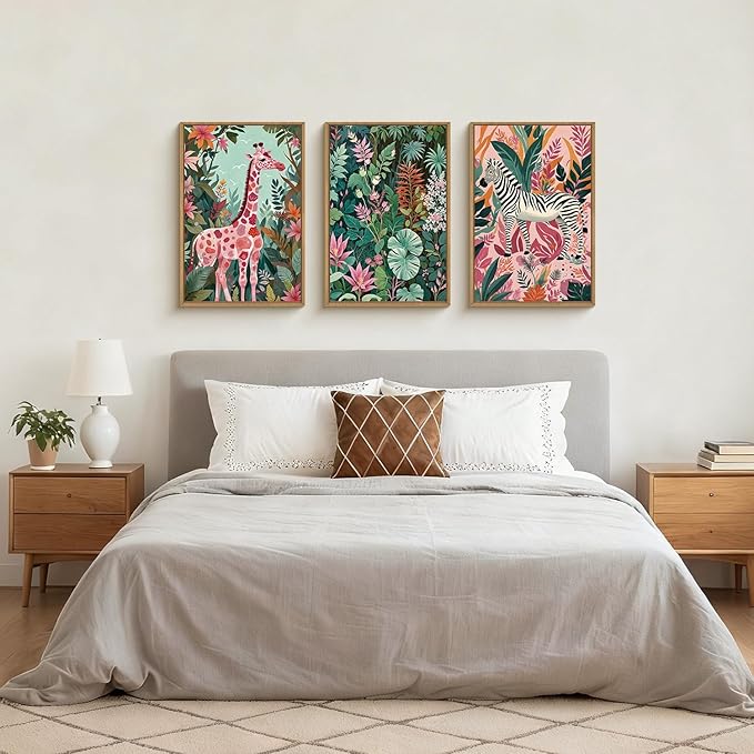 Large Jungle Giraffe and Zebra Framed Canvas Wall Art,Modern Safari Wild Animal Wall Decor,Tropical Nature Wildlife Artwork,Boho Botanical Art Print for Living Room,Bedroom,Office-16 x24 x3
