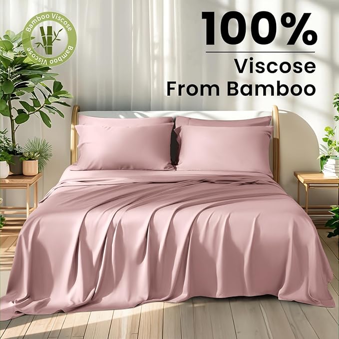 Shilucheng 100% Viscose Derived from Bamboo_ Sheets King Size 6pcs - Ultra Cooling & Silky Soft Bed Sheets, 16" Deep Pocket, Perfect for Hot Sleepers, Hotel Bedding Sheets (Light Pink)