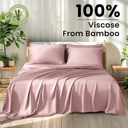 Shilucheng 100% Viscose Derived from Bamboo_ Sheets King Size 6pcs - Ultra Cooling & Silky Soft Bed Sheets, 16" Deep Pocket, Perfect for Hot Sleepers, Hotel Bedding Sheets (Light Pink)