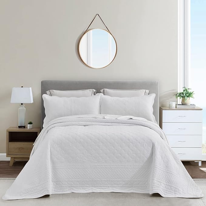 CHIXIN Cotton Bedspread Full Size - Real Stitching - Luxury Quilted Bedding Cover for All Season, Reversible, Ultra Soft, Lightweight, 3 Piece, Pure White