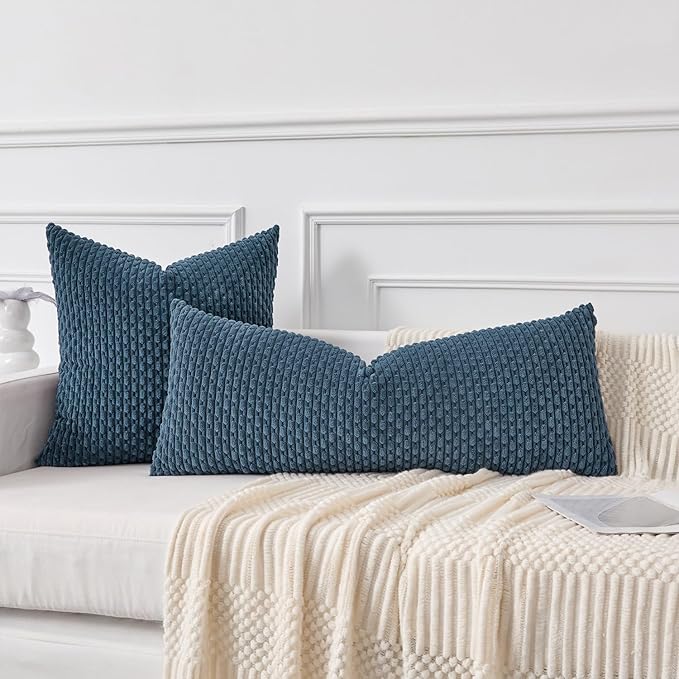Kevin Textile 20x54 Inch Long Body Lumbar 1 Pack Boho Decorative Throw Pillow Cover Soft Striped Corduroy Rectangle Cushion Case Farmhouse Accent for Living Room Couch Sofa Bed, Blue