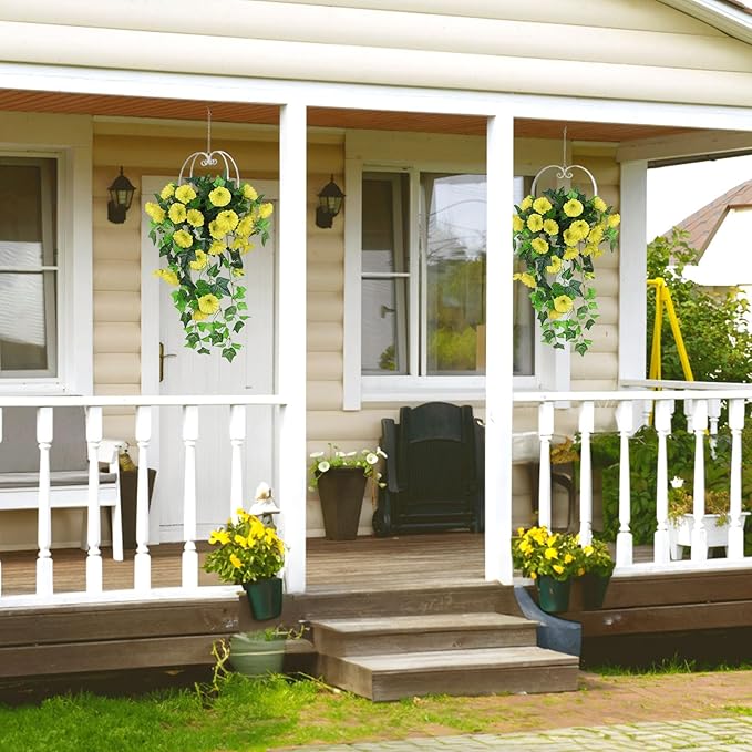RECUTMS Artificial Fake Hanging Flowers Plants for Outdoor Spring Decor, 2 Pcs UV Resistant Faux Petunias Trailing Plants Realistic Flower Look Real for Door Wall Yard Porch Garden Planter (Yellow)