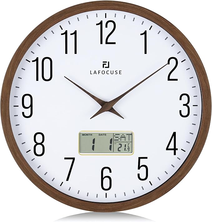 Lafocuse 12 Inch Silent Brown Wall Clock with Time Day Date Temperature, Battery Operated Wall Clock Analog and Digital with Calendar for Kitchen Living Room Home Décor