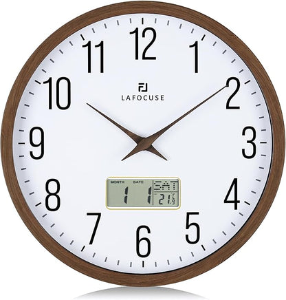 Lafocuse 12 Inch Silent Brown Wall Clock with Time Day Date Temperature, Battery Operated Wall Clock Analog and Digital with Calendar for Kitchen Living Room Home Décor
