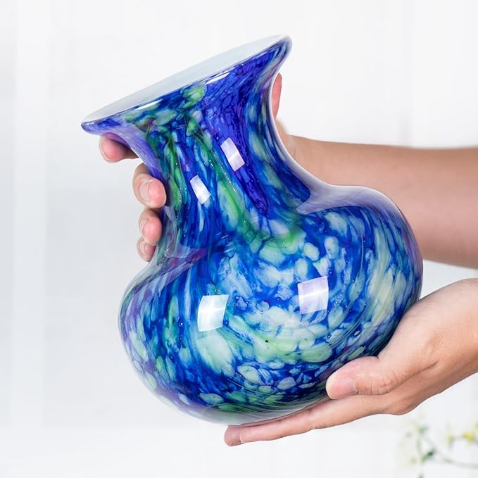 Glass Vases for Flower, Unique Hand Blown Blue Glass Vase, Modern Art Decorative for Home Living Room, Office, Table centerpieces, Bookshelves and Wedding Decorations (JG55)