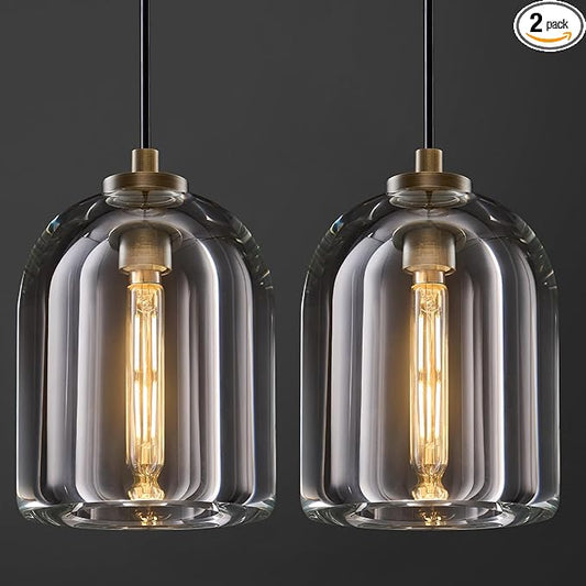 Crystal Aged Brass Pendant Light: Set of 2 Dimmable Antique Copper Hanging Pendant Light Fixtures over Kitchen Island - 5.1” Cylinder Modern Luxury Dining Room Pendant Lighting 3000k e12 Bulb Included