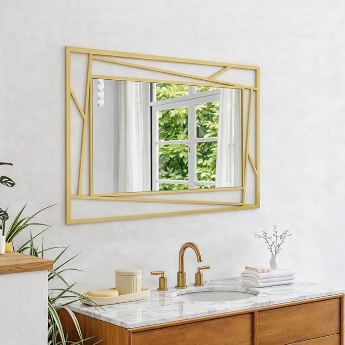 Brushed Gold Bathroom Mirror, 36''X24'' Rectangular Wall Mirrors with Geometric Metal Frame for Bathroom Bedroom Living Room, Hang Horizontally or Vertically