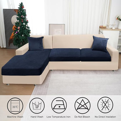 Sectional Couch Covers for 3-Piece Seat Cushion Velvet Separate L Shape Couch Cover Stretch Sofa Slipcover with 2 Pieces Pillowcases Furniture Protector (Sofa 2 Seater + 1 Chaise, Navy)