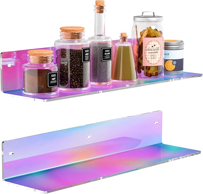 Sezanrpt 16 Inches Iridescent Acrylic Shelves, Wall Mounted Organizer Shelves for Bedroom, Clear Wall Storage Shelves for Cosmetics, Skincare, Router, Doll, Toiletries, Helmets, 2 Pack