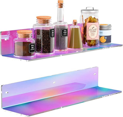Sezanrpt 16 Inches Iridescent Acrylic Shelves, Wall Mounted Organizer Shelves for Bedroom, Clear Wall Storage Shelves for Cosmetics, Skincare, Router, Doll, Toiletries, Helmets, 2 Pack