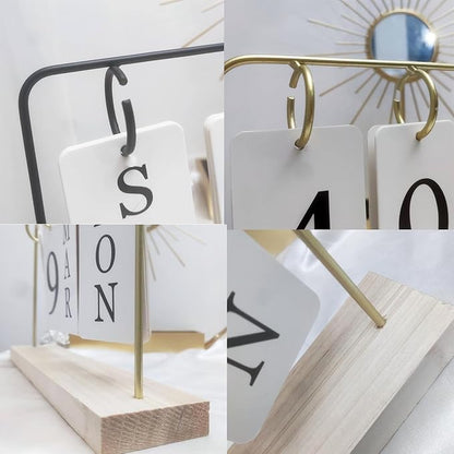Wooden Perpetual Calendar for Desk, Metal Wood Month Date Display for Teachers, Students, Classroom, Rustic Farmhouse Office Decor, Desk Accessories (gold)
