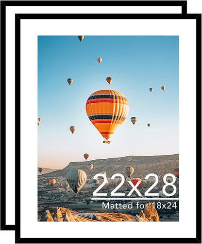 22x28 Picture Frame with 18x24 Mat Set of 2, Display Photo 18x24 with Mat or 22 x 28 Without Mat, Wall Hanging Large 22 by 28 Poster Frame with Plexiglass, 2 Pack, Black