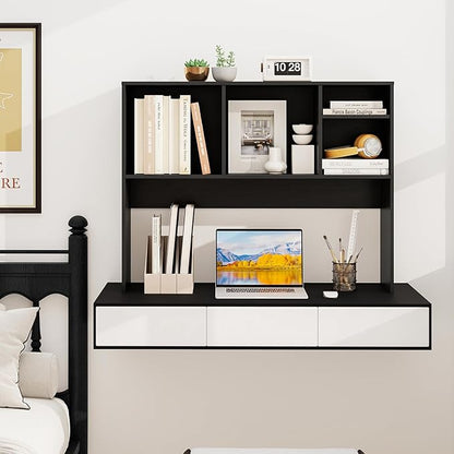 GOFLAME 4 Cubes Desktop Bookshelf, 37” Tabletop Wood Desk Shelf for Computer Monitor, Modern Countertop Desk Display Hutch Storage Organizer Shelf for Home Office, Dorm, Study (Black)