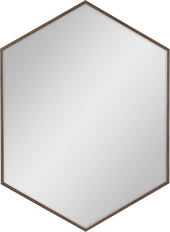 Kate and Laurel Rhodes Mid-Century Modern Hexagon Wall Mirror, Walnut Brown, 31x22-Inches