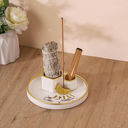 Ceramic Incense Holder Burner, Sage Holder for Burning, Palo Santo Sticks Holder, 5.51" Ash Catch Tray, Smudge Dish for Meditation Yoga, Modern Home Decor Gift