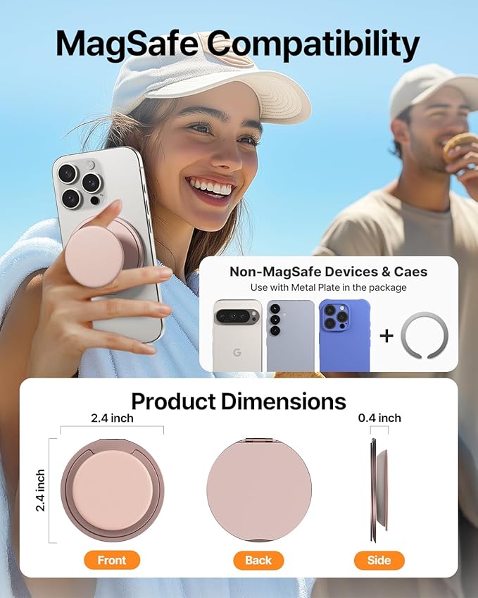 Sinjimoru for MagSafe Phone Grip — 3000G Magnetic Hold, Soft Silicone Comfort, Metal Plate Included, iPhone 17/16/15/14/13, M-Tap Tok Ring Stand Pink