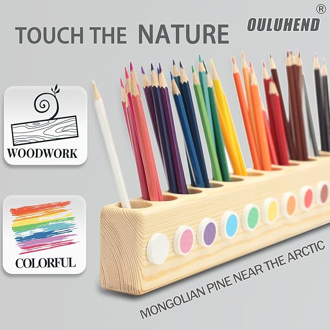 11-Hole Wooden Colored Pencil Organizer - Solid Montessori Storage Holder for Kids, Students, Artists & Teachers