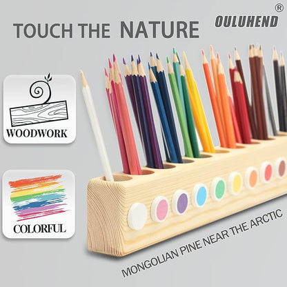 11-Hole Wooden Colored Pencil Organizer - Solid Montessori Storage Holder for Kids, Students, Artists & Teachers