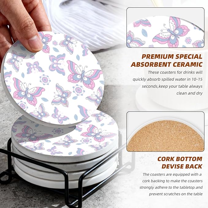 Coasters Set of 6 Ceramic Drink Coaster with Cork Base Modern Style Coasters for Mugs and Cups Office Kitchen 4 in