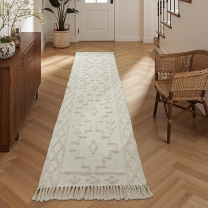 Uphome Boho Runners for Hallways 2.6' x 10', Washable Farmhouse Entryway Runner Rug, Cotton Tufted Bedroom Runner Rugs, Bohemian Tribal Aesthetic Rug for Kitchen Doorway Bathroom Living Room, Beige