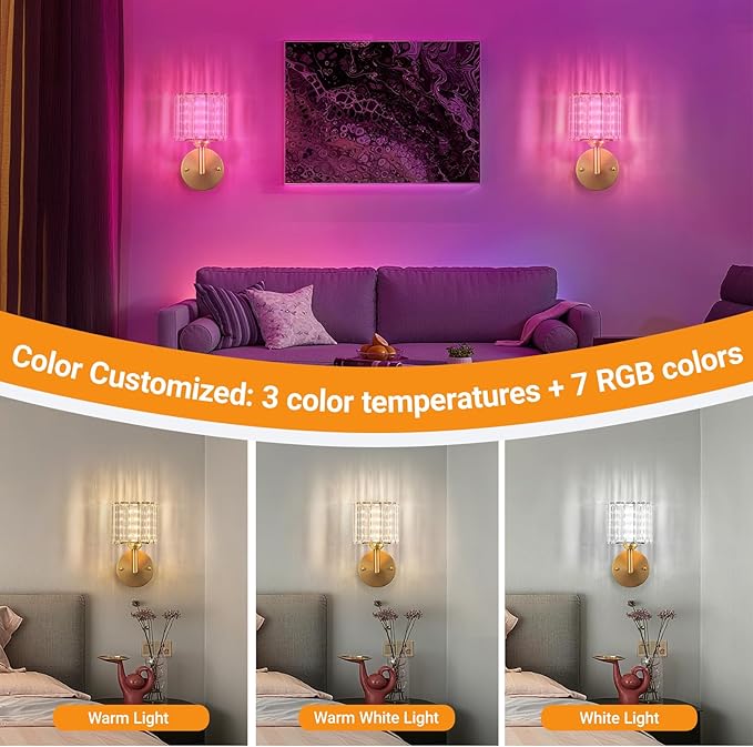 Battery Operated Wall Sconces Set of 2, Wireless Wall Light with 10000mAh RGB Dimmable Magnetic Bulb, Rechargeable Wall Sconce with Remote Control for Bedroom Living Room