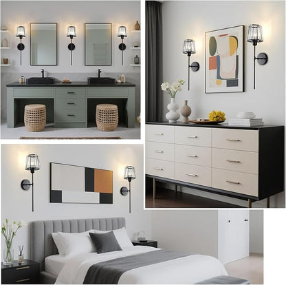 Battery Operated Crystal Wall Sconce Set of 2, Matte Black Wireless Wall Light with Remote Control, LED Dimmable 15 Colors USB Rechargeable Light Bulbs Wall Lamp for Bedroom Living Room Hallway
