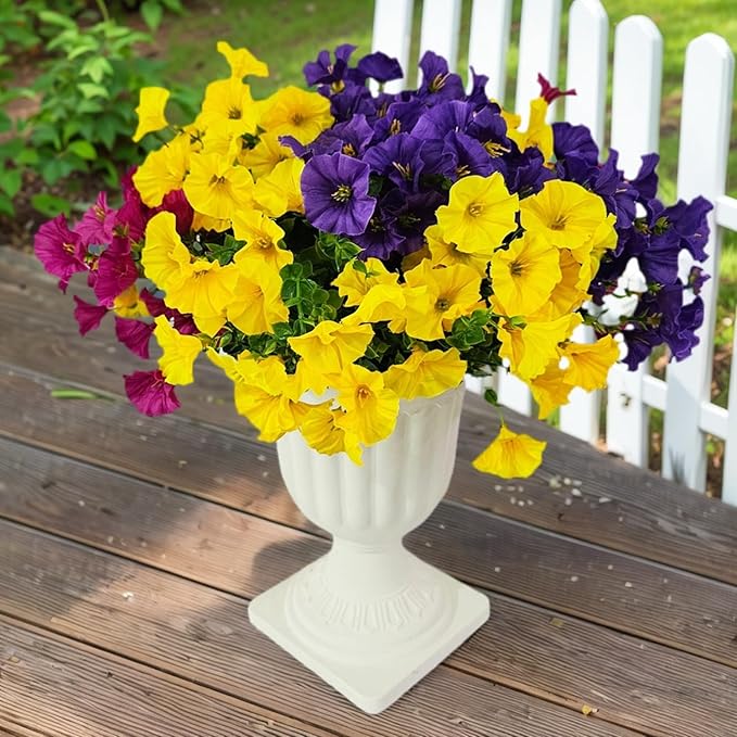 Artificial Silk Flowers for Outdoor Decoration,12 Bundles Faux Flowers Colorful Morning Glory with Eucalyptus Fake Plants Greenery UV Resistant for Outside Front Door Planter Porch Patio Yard