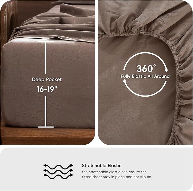 MooMee Bedding Sheet Set 100% Washed Cotton Linen Like Textured Breathable Durable Soft Comfy (Solid Brown, King)