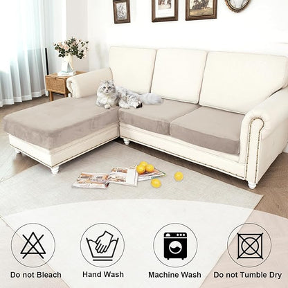 NAISI Waterproof Couch Cushion Covers Thick Velvet Fabric Washable Sofa Slipcovers Sectional Couch Covers for 3 Pieces Separate L Shape Couch Cover with Elastic Bottom(2 Seater + 1 Chaise,Light Taupe)