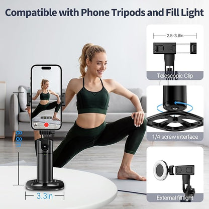 Auto Face Tracking Tripod 360 Rotation iPhone Desk Stand. Cell Phone Photo Vlogging Kit with Remote & Gesture Control. Rechargeable Smart Shooting Selfie Fill Light Stand for Live Record Tiktok No App