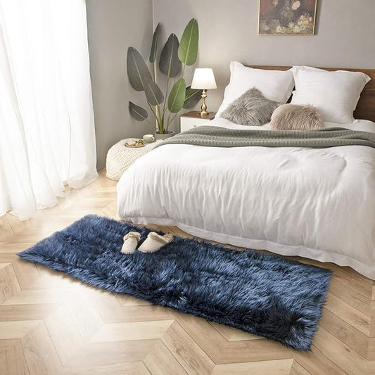 Ashler Faux Fur Rug, Fluffy Shaggy Area Rug, Ultra Soft 2.2 x 6 Feet Rectangle, Navy Blue Fuzzy Machine Washable Shag, Nursery Decor Throw for Bedroom, Kids Room, Living Room