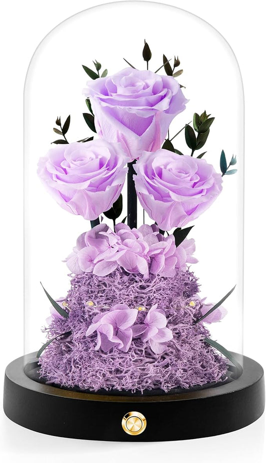 Valentines Day Flowers Roses Gifts for Her,Forever Real Preserved Roses in Glass Dome,Valentines Day Anniversary Birthday Gifts for Wife Girlfriend Women Mom Best Friend Her/Light Purple