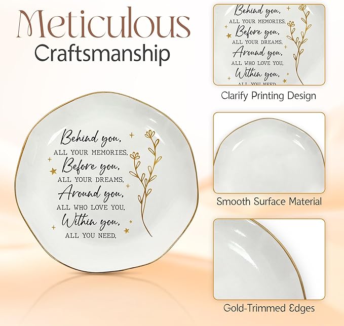OASSIE Christmas Graduation Gifts for Women - 4"x4" Round-Shaped Ceramic Jewelry Dish Tray - Thank You Inspirational College High School Graduation Gifts for Her Friend Sister, Decorative Trinket Dish