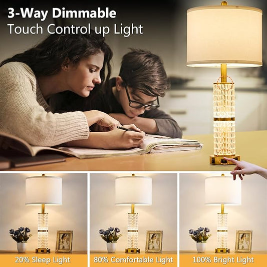 Crystal Table Lamps Modern 3-Way Dimmable Bedside Lamp with 2 USB Ports & AC Outlets for Living Room Bedroom Nightstand Lamp Night Light