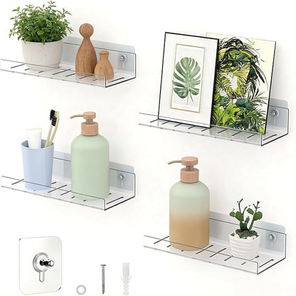 LAZYROSY 4 Pack Floating Shelves – Clear Acrylic/PET Wall-Mounted No Drill Storage with Adhesive, Invisible Bathroom & Bedroom Shelving for Kitchen, Living Room, Transparent Decor