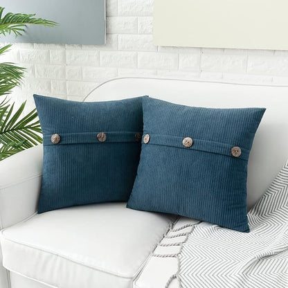HWY 50 Blue Chenille Throw Pillow Covers 16x16 Inch with Triple Buttons, Soft Farmhouse Accent Decorative Cushion Cases for Couch Sofa Bed Living Room Pack of 2