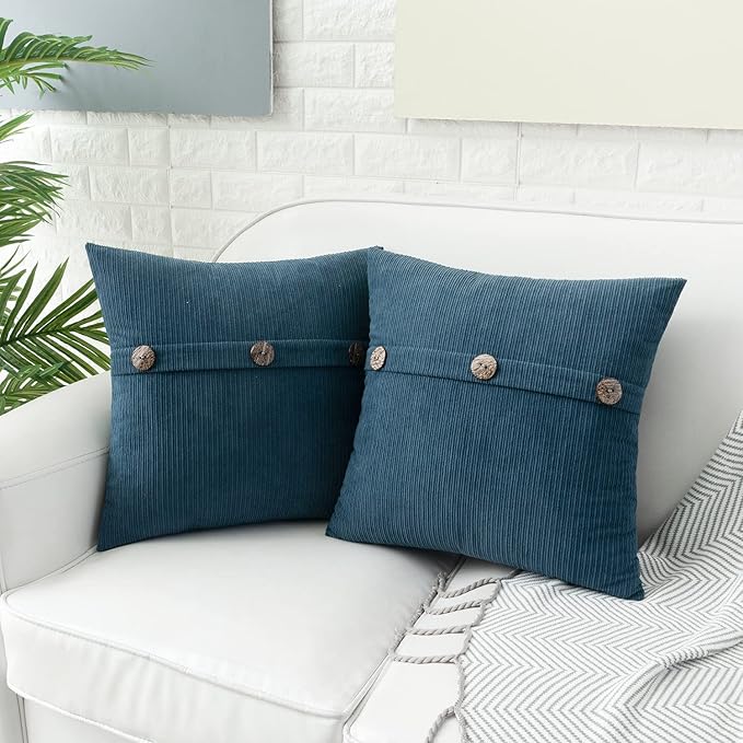 HWY 50 Blue Chenille Throw Pillow Covers 22x22 Inch with Triple Buttons, Soft Farmhouse Accent Decorative Cushion Cases for Couch Sofa Bed Living Room Pack of 2