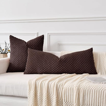 Kevin Textile 14x36 Inch Long Lumbar 1 Pack Boho Decorative Throw Pillow Cover Soft Striped Corduroy Rectangle Cushion Case Farmhouse Accent for Living Room Couch Sofa Bed, Coffee
